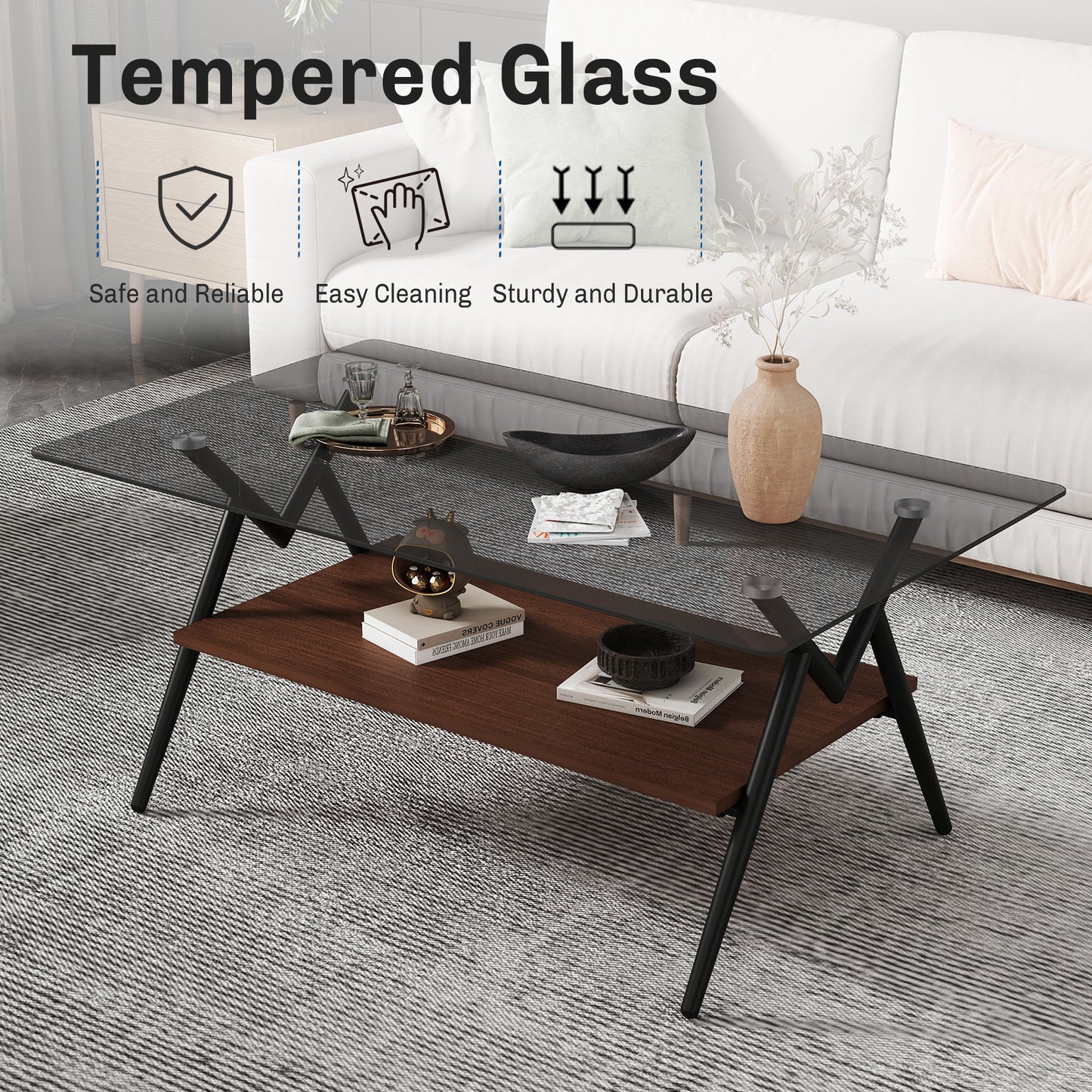 Rectangle Coffee Table with Tempered Glass top and Brown MDF Shelf, Modern Table for Living Room, Gray Glass