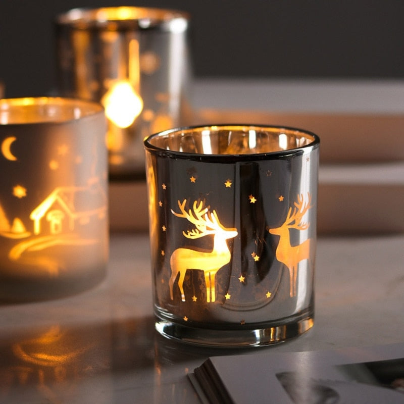 Silver Scented Candle Container Handmade Candle Glass Empty Jar Christmas Reindeer Pattern Light Candle Cup Home Decor